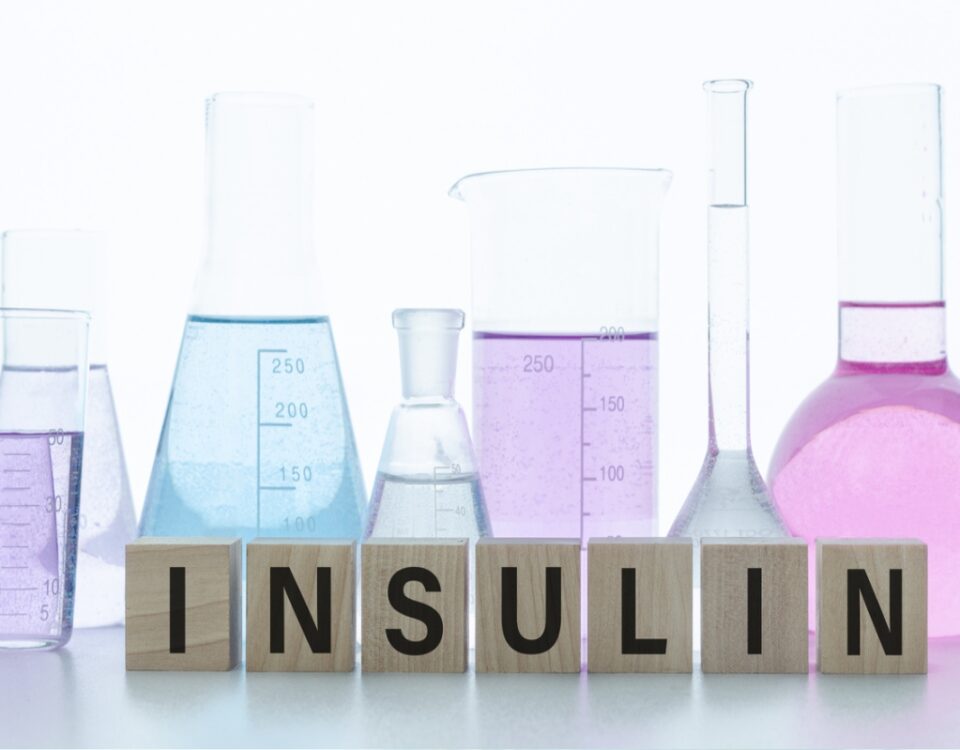 Glass utensils of a lab with the word insulin in front